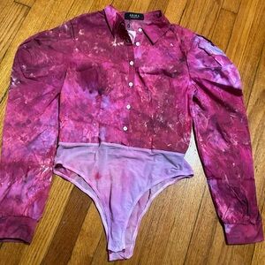 AKIRA Pink Puff Sleeve  Button Up Collared Bodysuit Shirt L